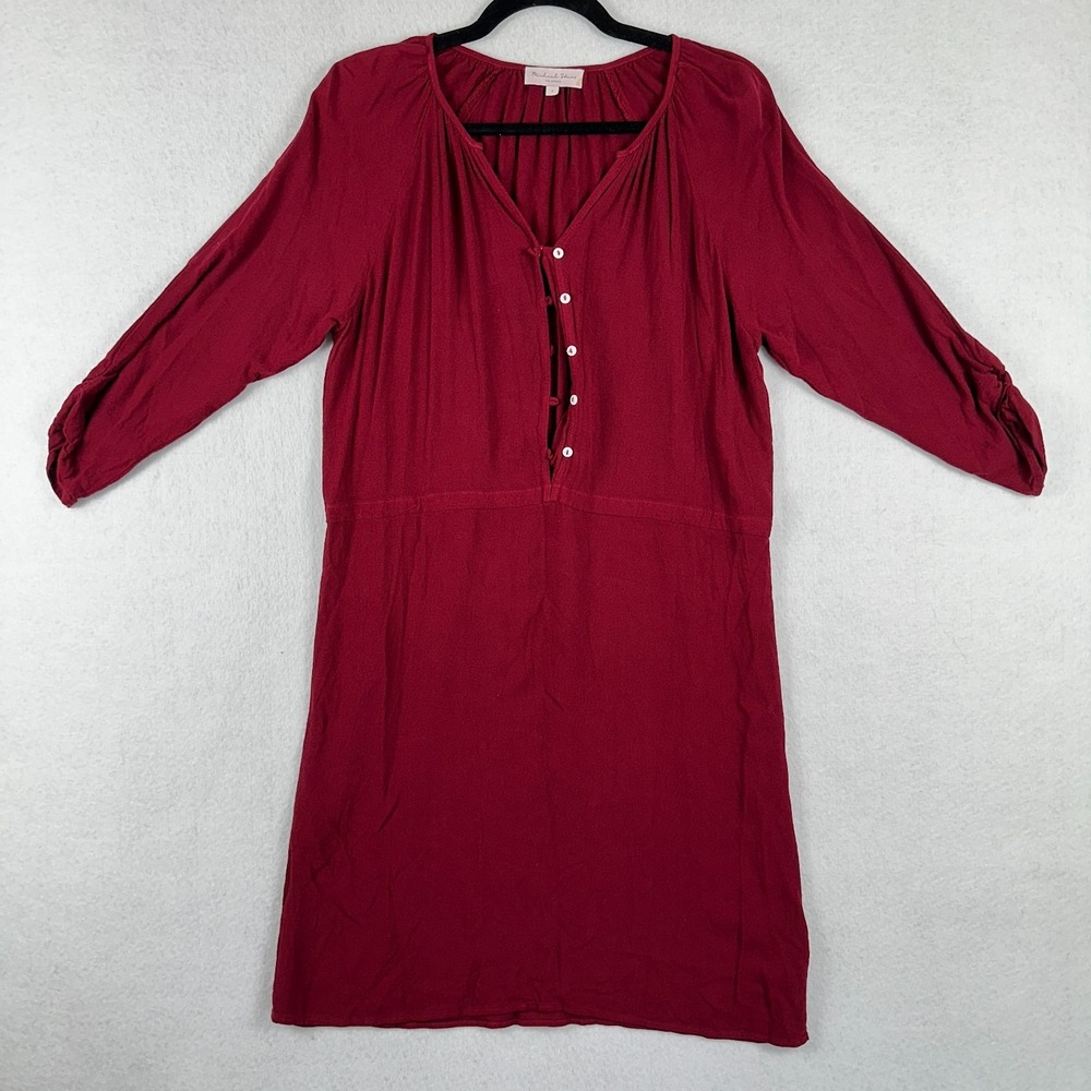 Michael Stars Shirt Dress Burgundy Red Sz Small Ruched 3/4 Sleeve Button EUC